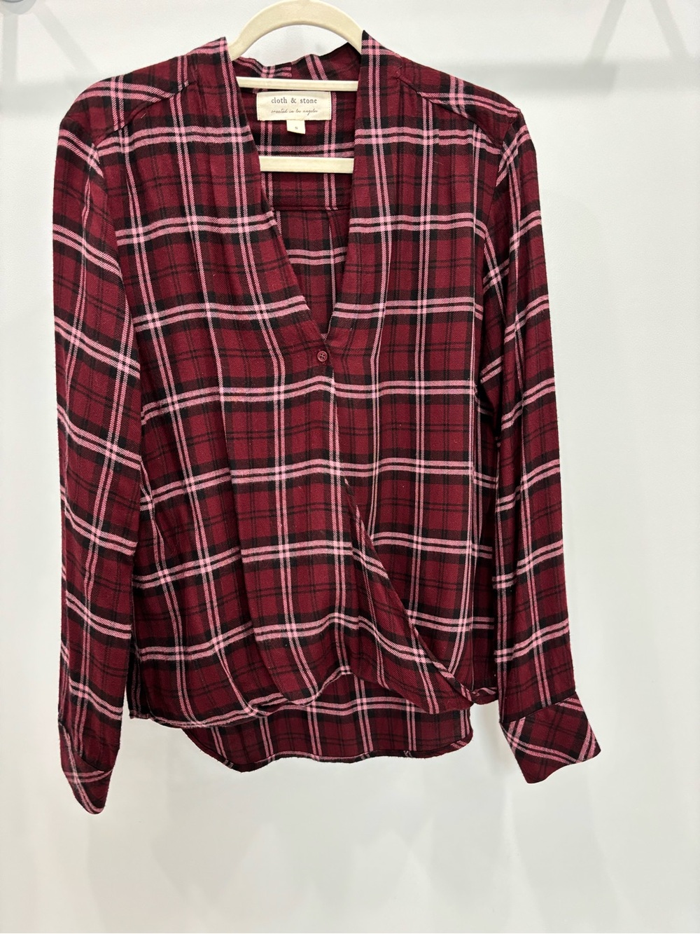 cloth & stone Burgundy Plaid Wrap-Front Button Down Blouse